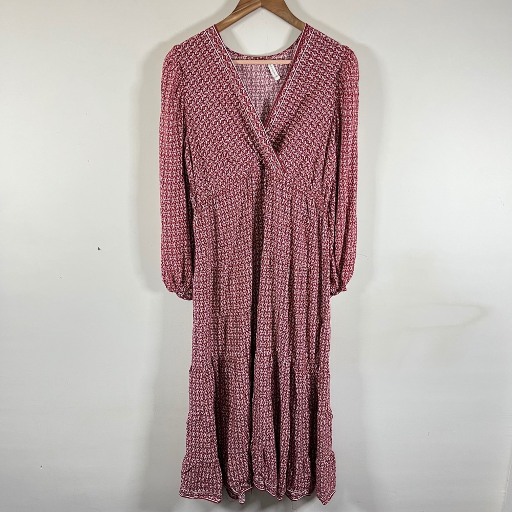 Max Studio Tiered Burgundy V-Neck Long Sleeve Midi Dress Geometric Print Boho